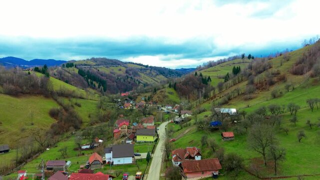 Aerial View of Moeciu de Jos Village in the Carpathian Mountains, Romania