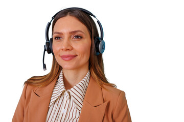 Female customer service agent wearing headset with microphone, offering help and support, on transparent background