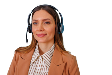 Female customer service agent wearing headset with microphone, offering help and support, on transparent background