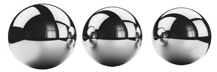 Three reflective metal spheres shiny reflections isolated on a transparent background