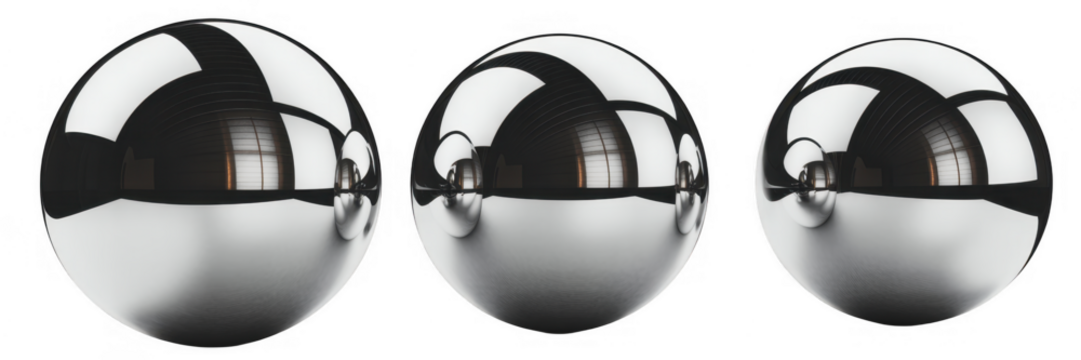 Three reflective metal spheres shiny reflections isolated on a transparent background - Powered by Adobe