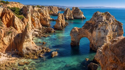 Obraz premium The Atlantic Ocean, cliffs, rock formations, and Ponta da Piedade Arches on a sunny day. Portugal's Algarve