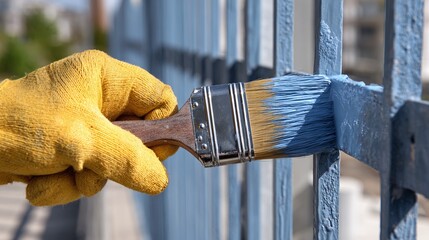 A worker wearing yellow gloves paints a metal fence with a brush and blue paint, showing artistry and skill in maintaining the fence's aesthetic appeal and structural integrity.