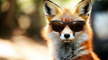 Obraz premium Cool Red Fox in Black Sunglasses, Backlit by Golden Sun, with a Humorous Forest Bokeh