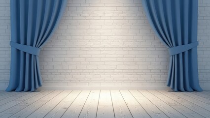 Blue curtains tied back in front of white wooden wall and floor