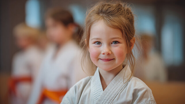 A young girl in a martial arts uniform smiles confidently at the camera, ready to learn and grow through discipline. Her determination shines through her eyes.