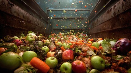 A compost bin filled with various fruits and vegetables, including apples, carrots, and lettuce, symbolizes organic waste management and the potential for sustainable resource recovery.
