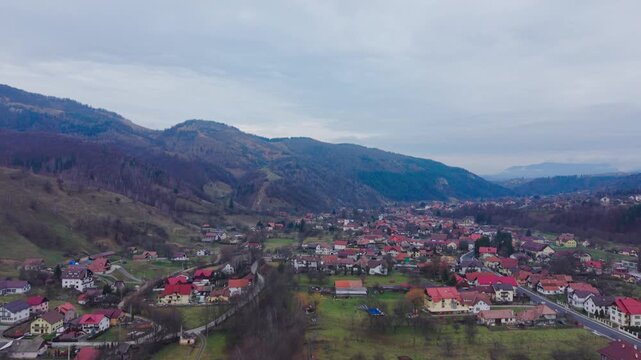 Aerial View of Moeciu de Jos Village in the Carpathian Mountains, Romania