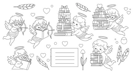Naklejka premium Large set of cherub Cupid characters reading books, flying with arrows, and resting near hearts for Valentine's Day and romantic literature concepts.