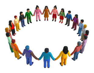 Figures link hands, forming a circle. Empty space