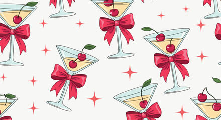 Obraz premium Elegant seamless pattern design featuring martini glasses with a yellow drink, red cherries, large pink bows, and scattered stars on a light background.