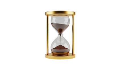 Golden hourglass with flowing sand on transparent background
