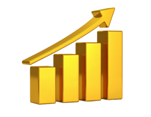 Gold bars rising, upward arrow, black background