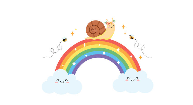 Whimsical garden scene featuring a cute snail with a flower crown sliding across a bright rainbow between two smiling clouds for nature themes.