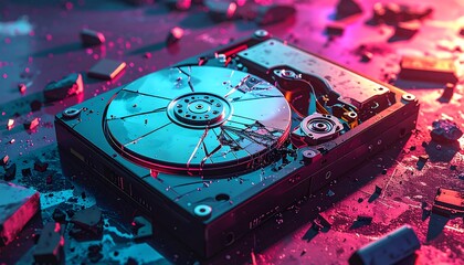 Broken hard drive with shattered platters amidst debris, illuminated by vibrant neon lights