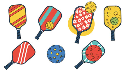 Assorted pickleball paddles with various patterns and colors shown alongside matching balls for sports and recreation.