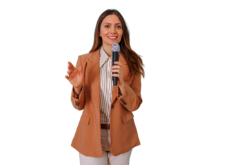 Woman speaking on stage holding microphone, giving presentation or public speech, broadcasting news, transparent background
