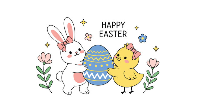 Happy Easter scene with a white bunny and a yellow chick working together to hold a large blue decorated egg.