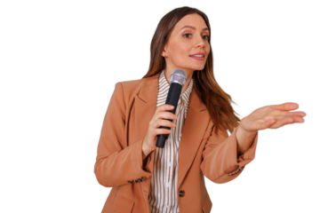 Woman speaker holding microphone and gesturing with hand, sharing information during a presentation or interview, transparent background