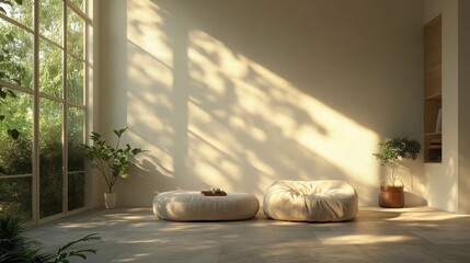 Sunlight fills the spacious room with wicker chairs and green plants, creating a cosy atmosphere for meditation or relaxation, which is ideal as an atmospheric backdrop 