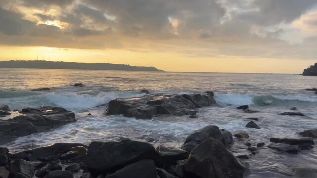 Sunset Waves Crashing on Rocky Shoreline, Coastal Landscape, Ocean View