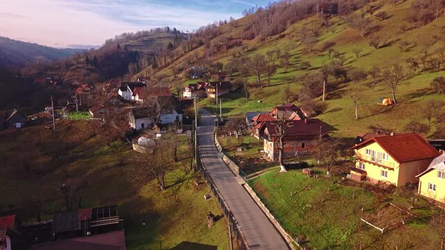 Aerial View of Moeciu de Jos Village in the Carpathian Mountains, Romania