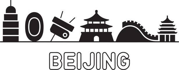 Beijing skyline black silhouette icons including temple of heaven and great wall of china map