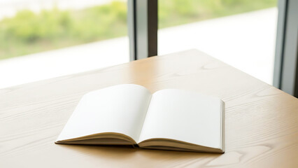 Open blank notebook with pristine white pages awaiting fresh ideas, personal reflections, or creative sketches on a natural wooden desk by a sunlit window