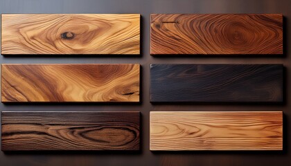 six rectangular wooden nameplates each slab has a different wood grain pattern and color