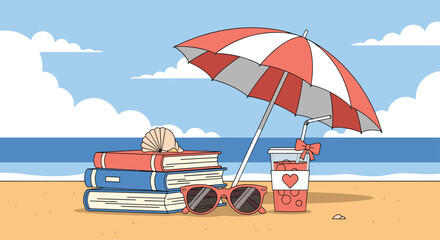 Relaxing beach vacation scene featuring a stack of books, a refreshing drink, sunglasses, and an umbrella on the sandy shore.
