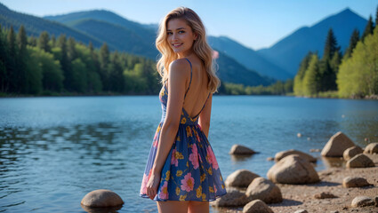 Portrait young woman mountain lake floral flowy dress deep V-neck blonde hair loose waves smiling trees summery romantic peaceful serene warm sunlight generative AI