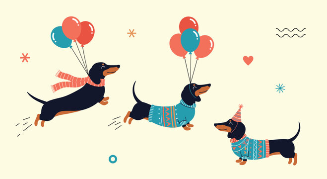Adorable dachshund dogs celebrating with colorful balloons and wearing cozy patterned winter sweaters in a whimsical illustration.
