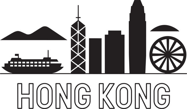 Hong kong city skyline silhouette vector illustration with famous landmark buildings and mountains