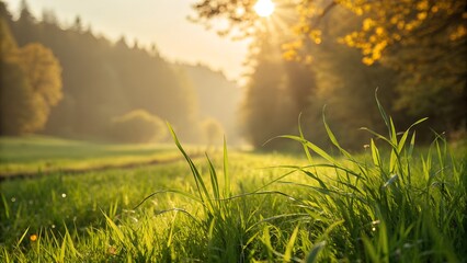 Morning sunlight illuminates a field of vibrant green grass in a peaceful landscape
