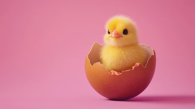 Newborn chick hatching from eggshell on pink background with copy space
