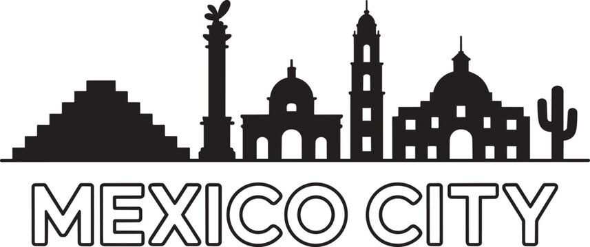 Mexico city black silhouette skyline vector with pyramid monument cathedral and cactus