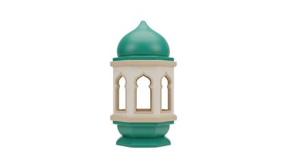 Islamic lantern with green dome and ornate windows on transparent background