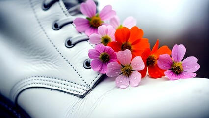 Vibrant colorful flowers with water droplets resting on a clean white leather boot