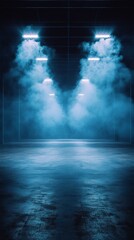 Naklejka premium The mysterious atmosphere of the stage area, shrouded in fog and bright beams of light, creates the impression of a mystical space for concerts or theatrical performances.