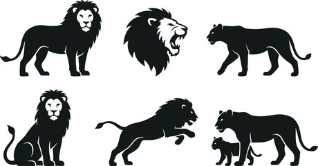 Black Silhouette Lion Family And Roaring Lion Head Icons Keywords: lion, lions, lioness, cub, family, big cat, wild animal © rayhan039