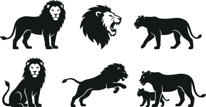 Black Silhouette Lion Family And Roaring Lion Head Icons Keywords: lion, lions, lioness, cub, family, big cat, wild animal