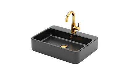 Modern Black Rectangle Sink with Gold Faucet on transparent background