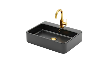 Modern Black Rectangle Sink with Gold Faucet on transparent background
