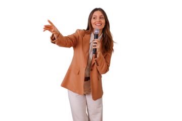 Confident woman speaking into a microphone, delivering a presentation, gesturing to an invisible audience on a transparent background
