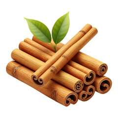 Cinnamon sticks with green leaves isolated on transparent background