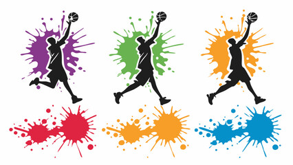 Vibrant Basketball Player Silhouette Jumping Over Colorful Ink Splatter Background Dynamic Sports Poster Graphic Design