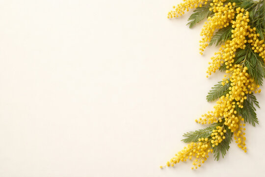 Ramo di mimosa con fiori gialli e foglie verdi su sfondo beige. Generative AI
