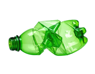 Green, crushed plastic bottle. Isolated. Waste
