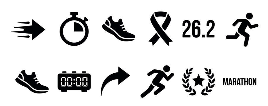 Black marathon and running icon set featuring a runner silhouette, stopwatch, sneaker, awareness ribbon, timer, and laurel wreath symbols for athletic competition and charity races