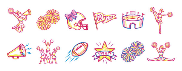 Colorful hand-drawn set of cheerleading and football illustrations featuring pom-poms, a megaphone, a helmet, and team spirit icons in a playful doodle sketch style